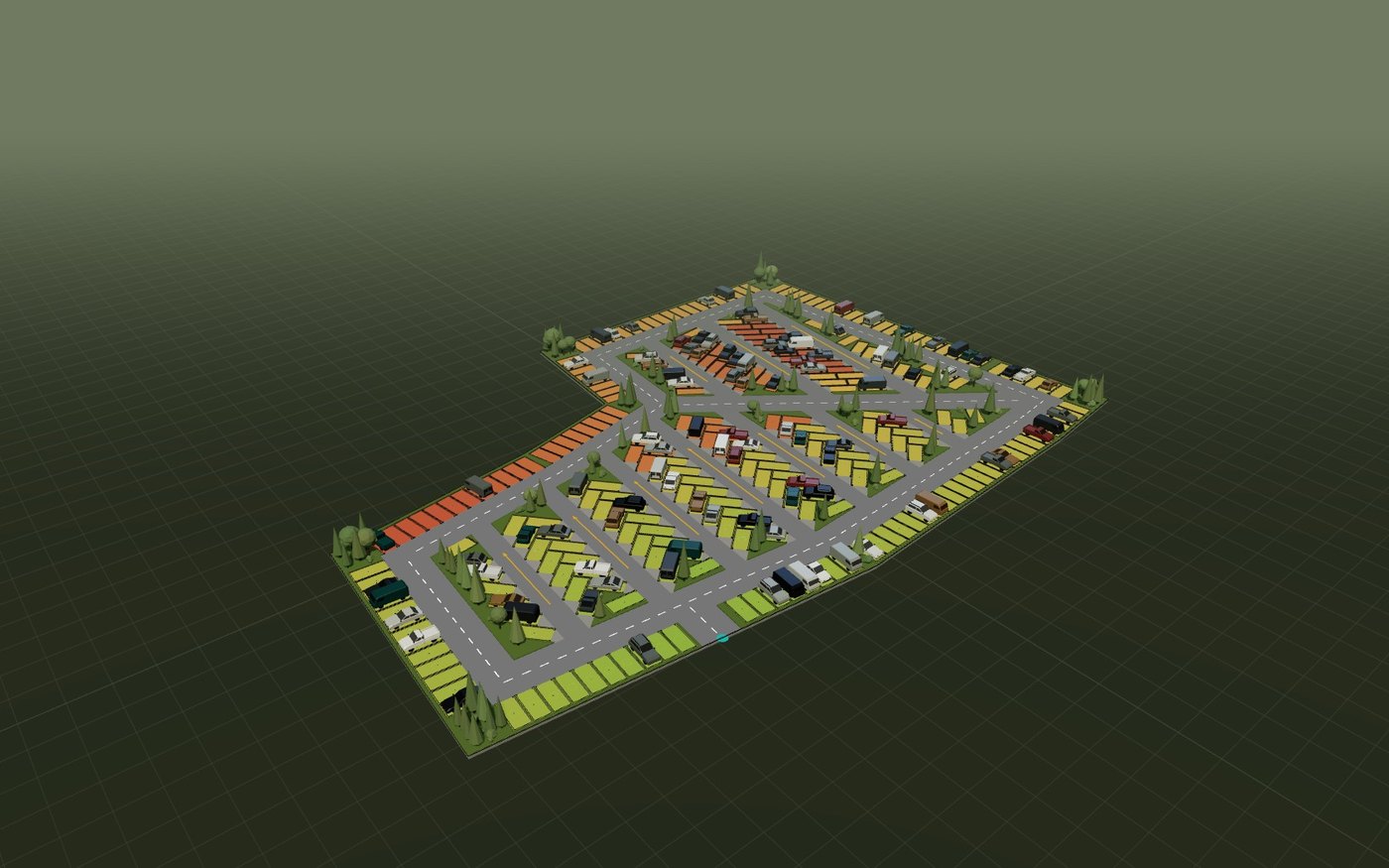 The lot recoloured by per-stall drive distance, green to red