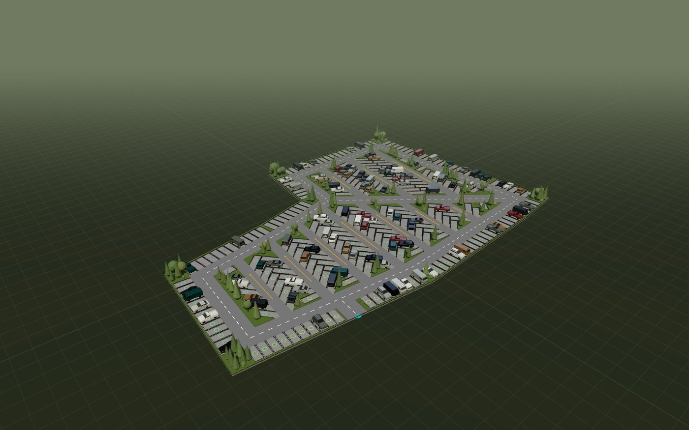 Isometric view of a fully solved 295-stall lot